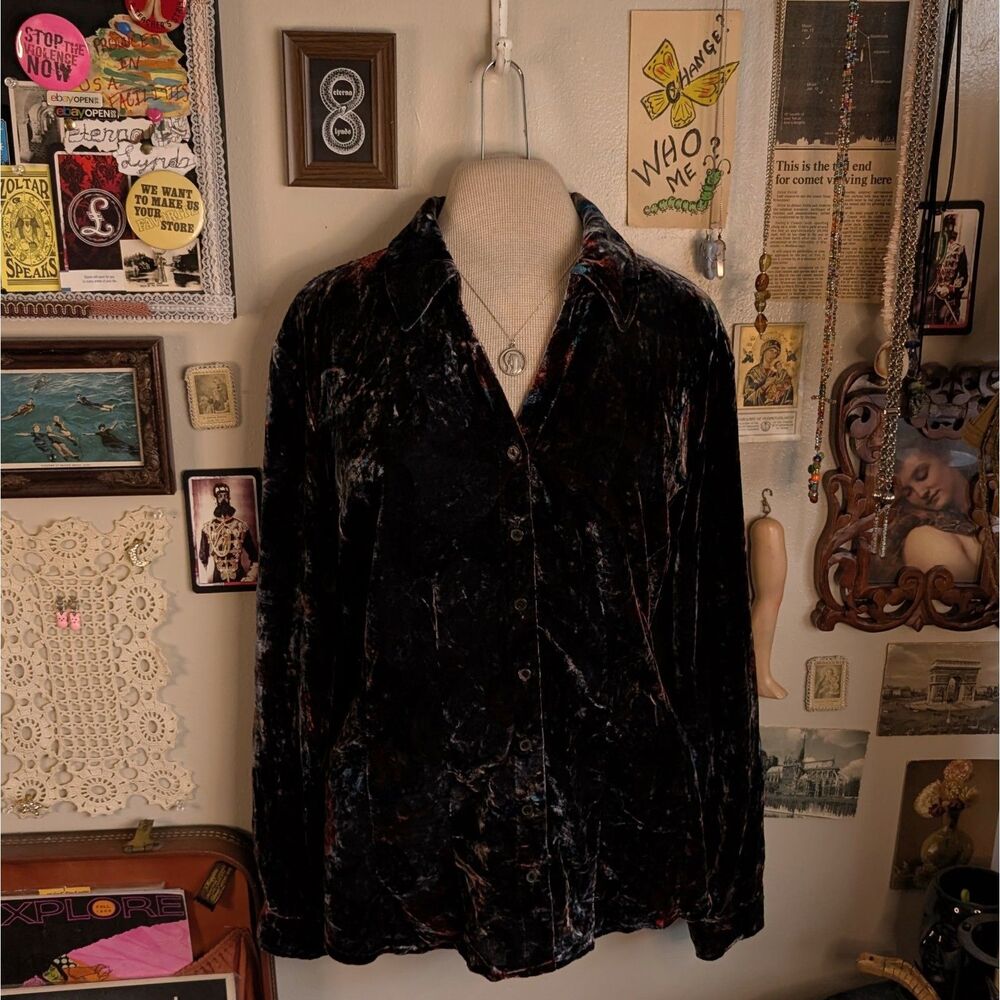 Crushed Velvet Button Down Shirt Women's Petite Large Black Blue Marbled Paisley